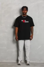 Unisex Bisiklet Yaka Double Oversize Baskılı T-Shirt - Siyah - Görsel 2