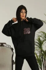 Unisex Kapşonlu Baskılı Sweetshirt - Siyah - Görsel 2