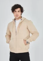 Unisex Tam Fermuarlı Kapşonlu  SweatShirt - Bej - Görsel 2