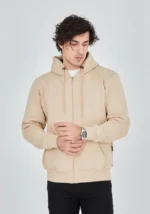 Unisex Tam Fermuarlı Kapşonlu  SweatShirt - Bej - Görsel 3