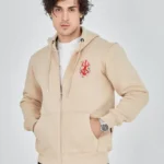 Unisex Baskılı Tam Fermuarlı Kapşonlu SweatShirt - Bej