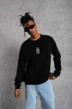 Unisex Bisiklet Yaka Baskılı Oversize Sweatshirt - Siyah - Görsel 2