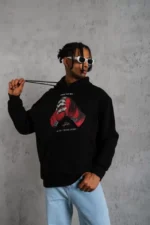 Erkek Eldiven Baskılı Kapüşonlu Sweat - Siyah - Görsel 2