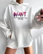 Baskılı Üç İplik Kapüşonlu Oversize Sweatshirt - Beyaz - Görsel 2