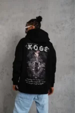 Unisex Sırt Baskılı Kapüşonlu Üç İplik Oversize Sweatshirt - Siyah - Görsel 2