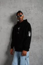 Unisex Sırt Baskılı Kapüşonlu Üç İplik Oversize Sweatshirt - Siyah - Görsel 3