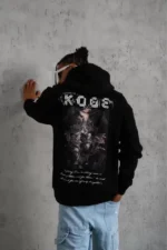 Unisex Sırt Baskılı Kapüşonlu Üç İplik Oversize Sweatshirt - Siyah - Görsel 4