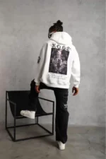 Unisex Sırt Baskılı Kapüşonlu Üç İplik Oversize Sweatshirt - Beyaz - Görsel 2