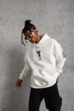 Unisex Sırt Baskılı Kapüşonlu Üç İplik Oversize Sweatshirt - Beyaz - Görsel 3