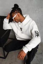 Unisex Sırt Baskılı Kapüşonlu Üç İplik Oversize Sweatshirt - Beyaz - Görsel 4