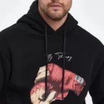 Unisex Kapüşonlu Üç İplik Oversize Baskılı Sweatshirt - Siyah