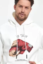 Unisex Kapüşonlu Üç İplik Oversize Baskılı Sweatshirt - Beyaz - Görsel 2