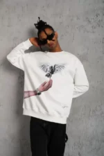 Erkek Güvercin Baskılı Sweatshirt - Beyaz - Görsel 4