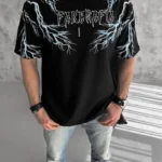 Unisex Bisiklet Yaka Baskılı Oversize T-Shirt - Siyah