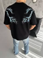 Unisex Bisiklet Yaka Baskılı Oversize T-Shirt - Siyah - Görsel 3