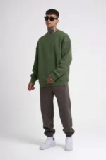 Unisex Biskilet Yaka Üç İplik SweatShirt - Haki - Görsel 3