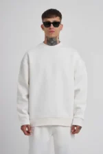 Unisex Biskilet Yaka Üç İplik SweatShirt - Beyaz