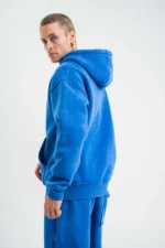 Unisex Double Oversize Kapşonlu Yıkamalı SweatShirt - Mavi - Görsel 3