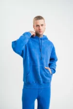 Unisex Double Oversize Kapşonlu Yıkamalı SweatShirt - Mavi - Görsel 4