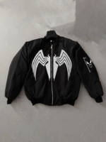 Tam Fermuarlı Uzun Kol Baskılı Bomber Ceket - Siyah - Görsel 2