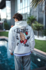 Üç İplik Penye Kapşonlu Baskılı SweatShirt - Beyaz - Görsel 2