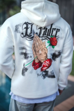 Üç İplik Penye Kapşonlu Baskılı SweatShirt - Beyaz - Görsel 3