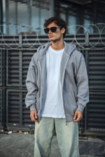 Oversize Tam Fermuarlı Uzun Kol Hırka - Gri - Görsel 2