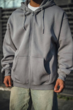 Oversize Tam Fermuarlı Uzun Kol Hırka - Gri - Görsel 3