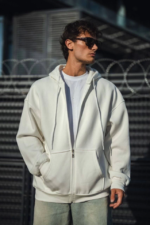 Oversize Tam Fermuarlı Uzun Kol Hırka - Beyaz - Görsel 2