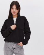 Oversize Yarım Farmuarlı Yakalı Basic SweatShirt - Siyah - Görsel 3