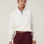 Oversize Yarım Farmuarlı Yakalı Basic SweatShirt - Beyaz