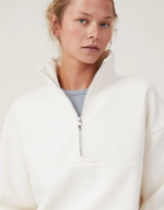 Oversize Yarım Farmuarlı Yakalı Basic SweatShirt - Beyaz - Görsel 4