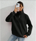 Unisex Uzun Kol Yarım Farmuarlı Yakalı Basic SweatShirt - Siyah - Görsel 3
