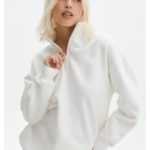 Unisex Uzun Kol Yarım Farmuarlı Yakalı Basic SweatShirt - Beyaz