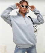 Unisex Uzun Kol Yarım Farmuarlı Yakalı Basic SweatShirt - Gri - Görsel 2