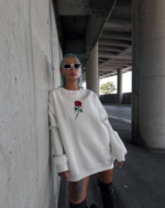 Oversize Üç İplik Bisiklet Yaka Baskılı SweatShirt - Beyaz - Görsel 4