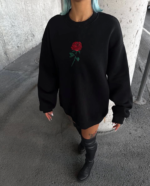 Oversize Üç İplik Bisiklet Yaka Baskılı SweatShirt - Siyah - Görsel 2