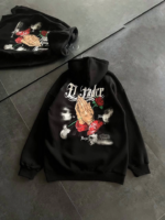 Üç İplik Penye Uzun Kol Kapşonlu Baskılı SweatShirt - Siyah - Görsel 3