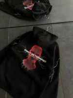 Üç İplik Kapşonlu Baskılı Oversize SweatShirt- Siyah