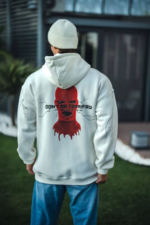 Üç İplik Kapşonlu Baskılı Oversize SweatShirt- Beyaz - Görsel 2