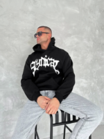 Unisex Üç İplik Kapşonlu Baskılı SweatShirt - Siyah - Görsel 3