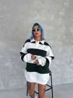 Unisex Üç İplik Parçalı Yakalı SweatShirt - Yeşil - Görsel 3