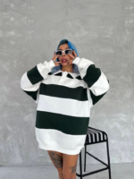 Unisex Üç İplik Parçalı Yakalı SweatShirt - Yeşil - Görsel 4