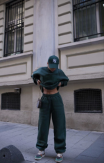 Bisiklet Yaka Nakış İşlemeli Üç İplik Sweat Takım - Yeşil - Görsel 2