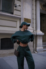 Bisiklet Yaka Nakış İşlemeli Üç İplik Sweat Takım - Yeşil - Görsel 3