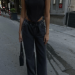 Arkadan Yırtmaçlı Jeans Kot Palazzo Pantolon - Siyah