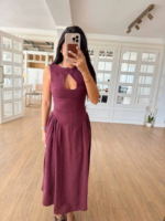 Kolsuz Uzun Kabardin Elbise - Bordo - Görsel 2