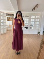 Kolsuz Uzun Kabardin Elbise - Bordo - Görsel 4