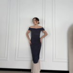 Striptiz Omuzlu Uzun Elbise- Füme