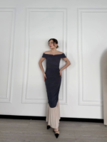 Striptiz Omuzlu Uzun Elbise- Füme - Görsel 2